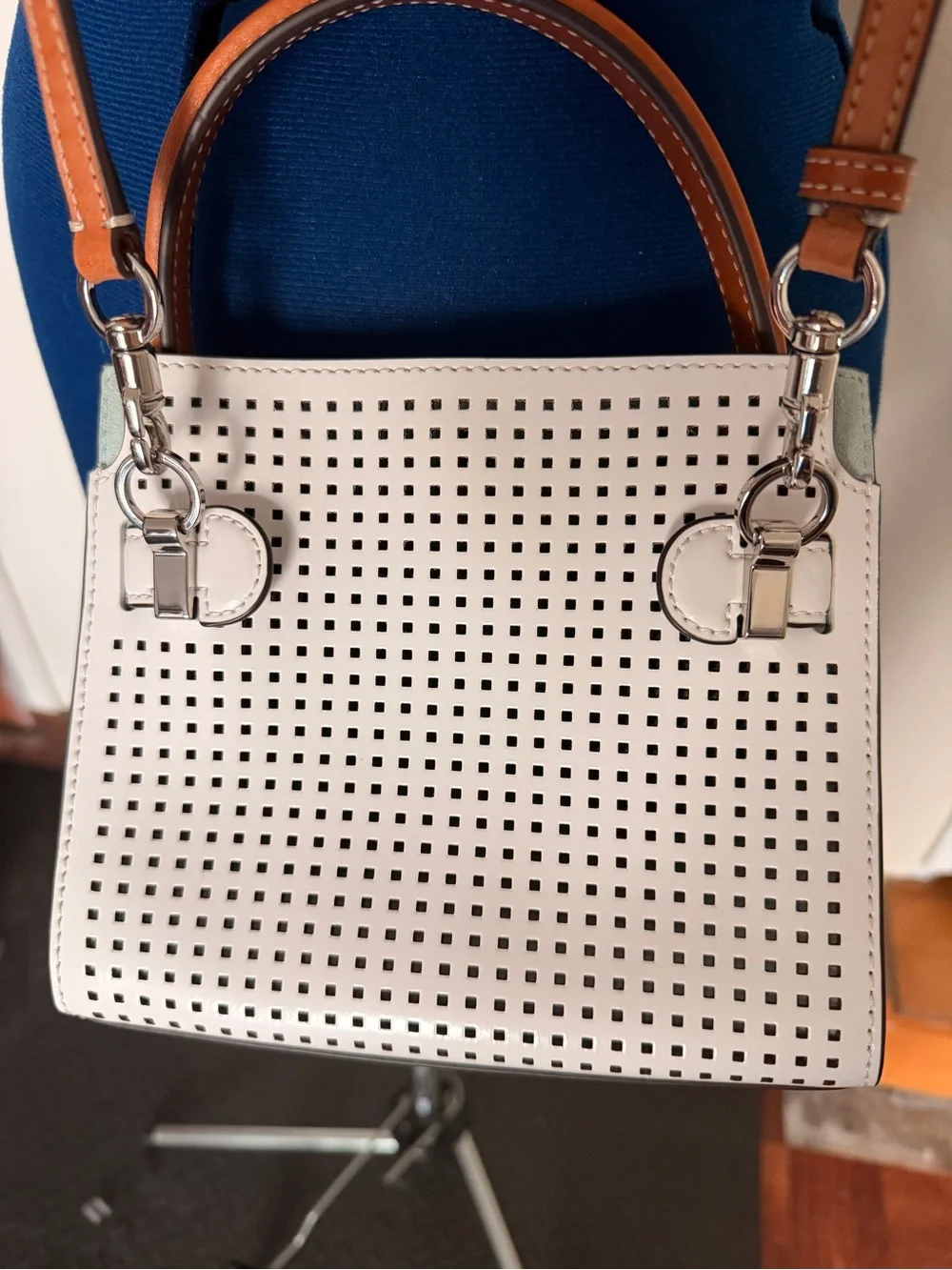 Tory Burch Lee Radziwill Mini Perforated Leather Crossbody Bag White Tan